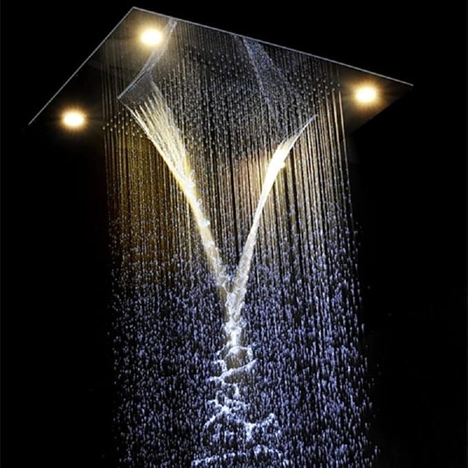 Cascada Classic Design 23”x31” large recessed rain shower head w/4 modes (Rain+ Water Curtain + Waterfall + Mix) with remote control for multi-color LED light (NON Music, Brushed Gold)