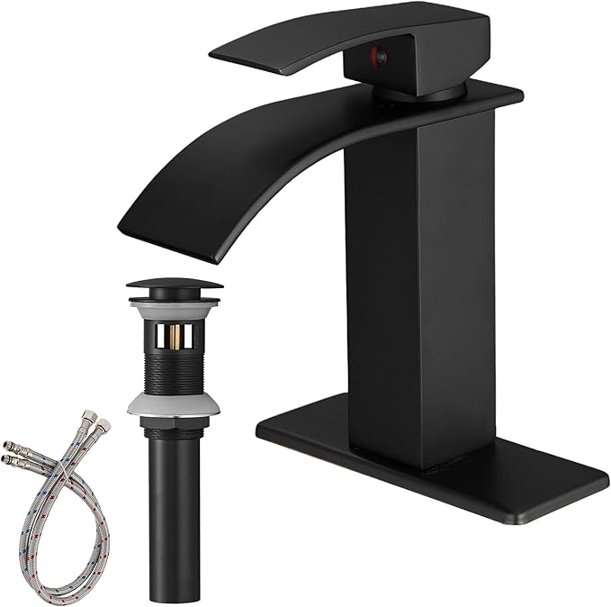 BWE Matte Black Bathroom Faucet Modern Waterfall Single Hole Faucet for Bathroom Sink Single Handle with Pop Up Drain with Overflow Assembly and Supply Line Lavatory Bath Faucet
