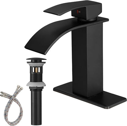 BWE Matte Black Bathroom Faucet Modern Waterfall Single Hole Faucet for Bathroom Sink Single Handle with Pop Up Drain with Overflow Assembly and Supply Line Lavatory Bath Faucet