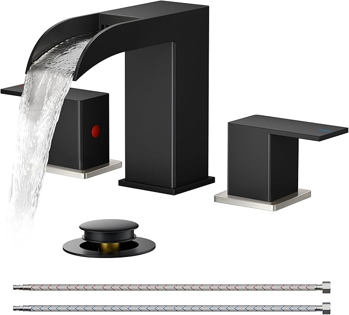 FORIOUS Square Black and Brushed Nickel Bathroom Faucets 3 Hole, Waterfall 8 Inch Widespread Bathroom Sink Faucet with Metal Pop-up Drain and Supply Lines, Two Handles for Vanity, Laundry Room, Basin
