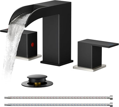 FORIOUS Square Black and Brushed Nickel Bathroom Faucets 3 Hole, Waterfall 8 Inch Widespread Bathroom Sink Faucet with Metal Pop-up Drain and Supply Lines, Two Handles for Vanity, Laundry Room, Basin