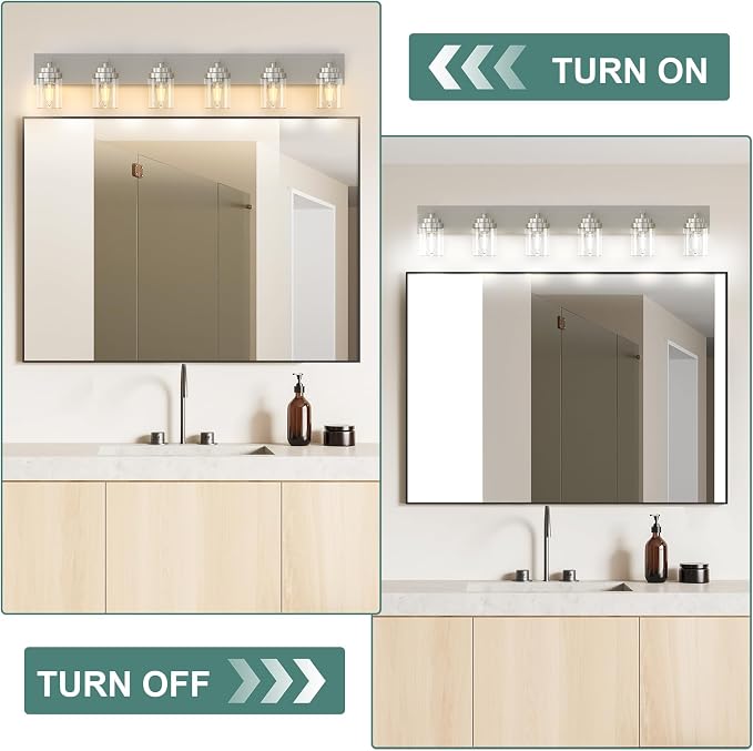 IZORRO Bathroom Vanity Light Fixture, 6-Light 46 Inch Brushed Nickel Bathroom Light Fixtures Over Mirror, with Clear Glass Shade, Modern Farmhouse Vanity Lights, Rustic Restroom Lighting Fixtures