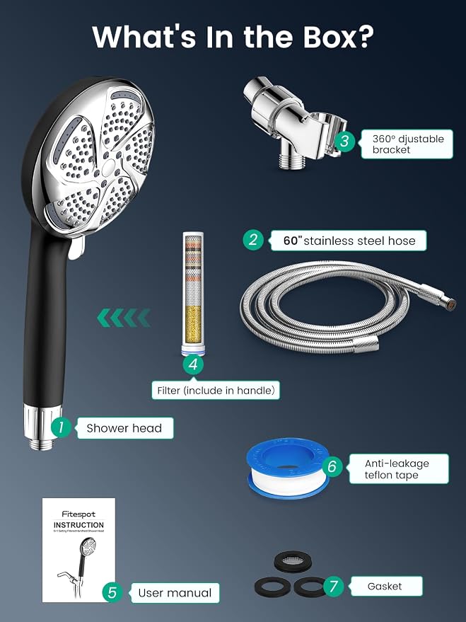 Filtered Shower Head with Handheld, High Pressure ShowerHead with Filters | 7 Mode, Remove Chlorine，Detachable ShowerHead for Hard Water, Built-in Power Wash to Clean Tub