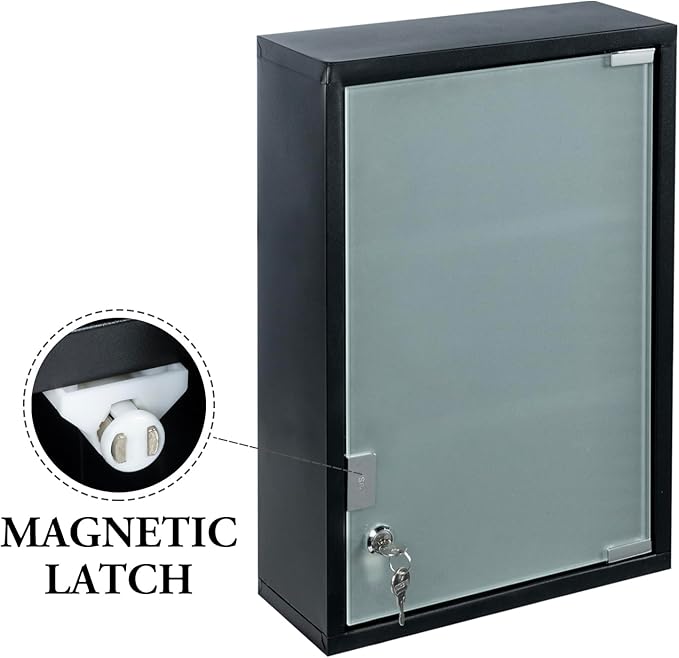MyGift Black Bathroom Medicine Cabinet, Wall Mounted Metal Storage Cabinet with 3 Shelves, Locking Glass Door Keys