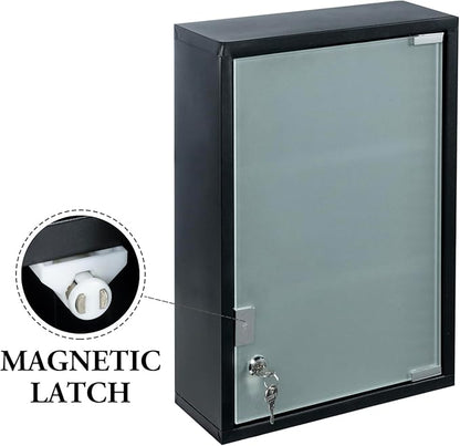 MyGift Black Bathroom Medicine Cabinet, Wall Mounted Metal Storage Cabinet with 3 Shelves, Locking Glass Door Keys