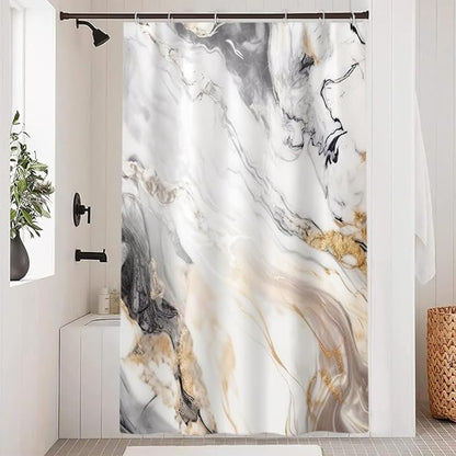 Grey and White Shower Curtain, Modern Grey Marble Shower Curtain for Bathroom Aesthetic Waterproof Shower Curtain Set with Hooks, 48x72 Inch