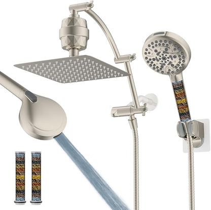 Hibbent 10" Dual Filtered Shower Head, 10-spray Handheld, Brushed Nickel | All Metal High Pressure Rainfall Shower Head Combo with Filter, 16" Extension Arm, 3-way Diverter, 71" Hose & Shower Holder