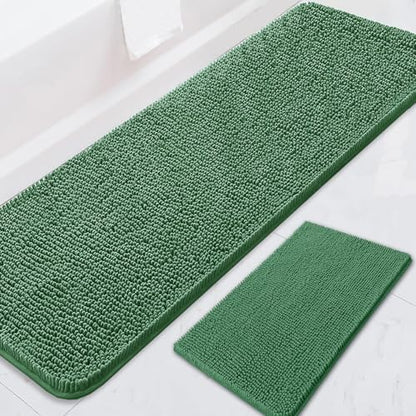 BOANKODU Bathroom RugsSets 2 Piece，59X24+16X24Inch，Absorbent Non-Slip Very Soft Chenille Mat,Machine Washable（Dark Green）