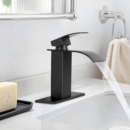 Matte Black Bathroom Faucet with Waterfall Spout and Pop-up Drain | SUS 304 Stainless Steel, Single Handle, 1 or 3 Hole Sink, RV Vanity, Deck Plate, Supply Hoses, NSF372 NSF61 cUPC