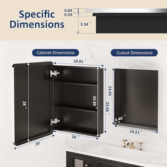 Medicine Cabinet Mirror 20x28 Inch, Chrome Bathroom Mirror Cabinet with Stepless Adjustable Shelves, Stainless Steel Frame, Bathroom Mirror with Storage Recessed or Wall Mount