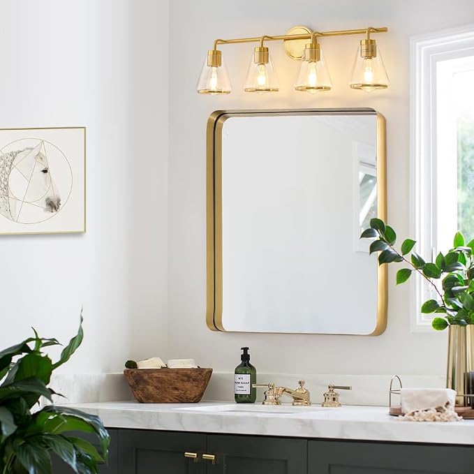 30" 4-Light Brushed Gold Modern Bathroom Vanity Light Fixtures Over Mirror | Clear Glass Shade, Heat-Resistant Ceramic E26 Socket, Wall Sconces, Rustproof, Fit 32–40 Inch Mirrors for Vanity Table