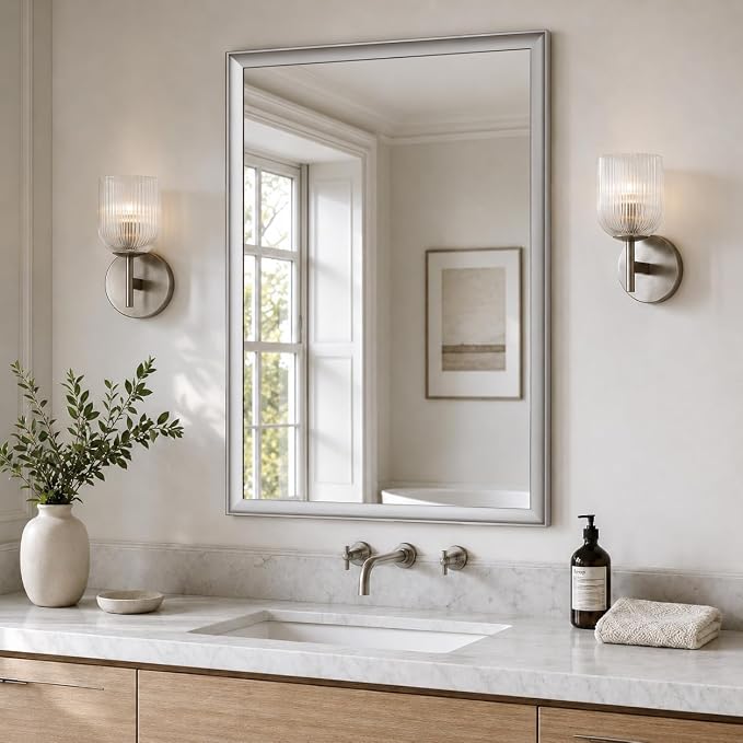 24x36 Inch Brushed Nickel Bathroom Mirror for Over Sink | Curved Aluminum Frame Rectangle Vanity Mirror for Bedroom Living Room Entryway, HD Tempered Glass, Anti-Rust