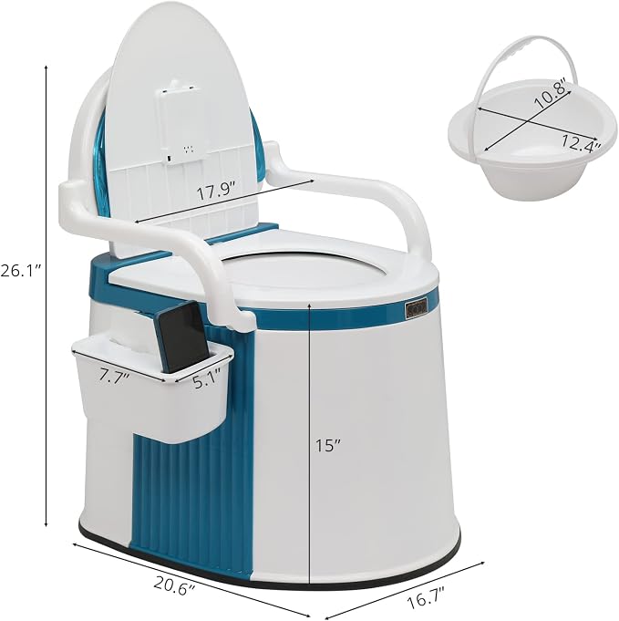 VINGLI Portable Toilet | Back & Handrail Design Commode with 5 Gallon Bucket Inner, Camping RV Toilet for Adult, Kids, Home, Boat, Van, Travel, Plastic, Blue & white