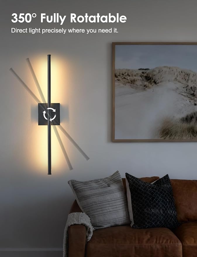 24.4 Inch Hardwired Wall Sconces Set of Two, 3000K Warm White Dimmable Modern Wall Sconces, 350° Rotate LED Light Fixtures Wall Lamp for Bathroom Living Room Bedroom Bedside, Black