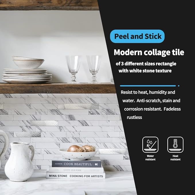 Art3d Faux Stone Peel & Stick Backsplash Tile, 10 pcs, Plain White Marble | PVC, Multi-Style Decor Sheets, Waterproof, Traceless Peel, No Wall Damage, Ideal for Kitchen