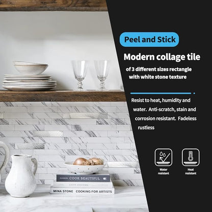Art3d Faux Stone Peel & Stick Backsplash Tile, 10 pcs, Plain White Marble | PVC, Multi-Style Decor Sheets, Waterproof, Traceless Peel, No Wall Damage, Ideal for Kitchen