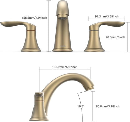 GAOMON Bathroom Sink Faucet, Faucet for Bathroom Sink, Widespread Brushed Gold Bathroom Faucet 3 Hole with Stainless Steel Pop Up Drain and cUPC Lead-Free Hose - (Brushed Gold)