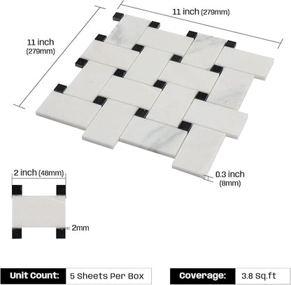 2×3 Inch Basketweaven White Marble Mosaic Tile for Wall Floor, 5 Sheets | Water & Heat Resistant Honed Marble Backsplash Tiles for Kitchen Bathroom Fireplace Surround Durable Unique Veins 3.8SQFT