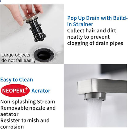 Brushed Nickel Bathroom Faucets - 3 or 2 Hole Centerset Faucet Bathroom, 2 Handles 4 Inch Vanity Sink Faucets Nickel with Pop-up Drain 360° Swivel Spout Suitable for RV Restroom Remodel