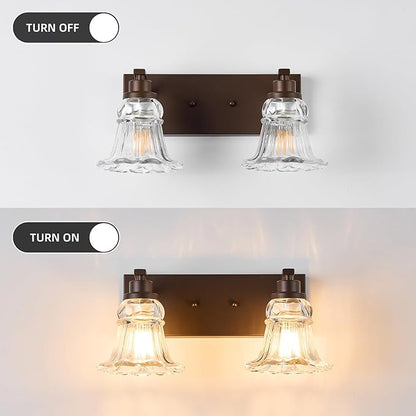Vintage 2-Light Bathroom Vanity Light, Oil Rubbed Bronze Bathroom Light Fixtures with Floral Clear Glass Shades, Antique Wall Sconce Fixtures for Dressing Table, Bedroom