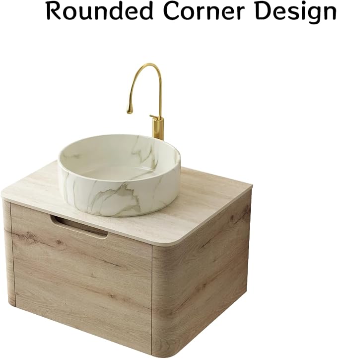 Bathroom Vanity with Sink, 24" Wall-Mounted Bathroom Storage Cabinet with Round Ceramic Basin & Soft-Close Undermount Drawer, Modern Pre-assembled Floating Vanity with Curved Design, White Oak