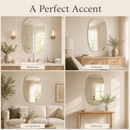 Silver Oval Bathroom Mirror 30x48 Inch | Oblong Vanity Mirror, Crystal-Clear HD Glass, Rust-Proof Aluminum Frame, Elegant Inner-Curved Edge, Modern Contemporary Style