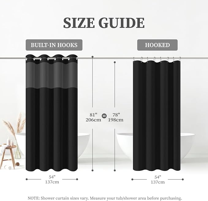 54x81 Ringless Linen Textured Shower Curtain with Snap in Liner, Black | Narrow Long Size, 3 in 1 Shower Curtain, Removable Liner, Waterproof & Washable, Mesh Top Window, Durable Fabric, Easy Setup