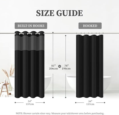 54x81 Ringless Linen Textured Shower Curtain with Snap in Liner, Black | Narrow Long Size, 3 in 1 Shower Curtain, Removable Liner, Waterproof & Washable, Mesh Top Window, Durable Fabric, Easy Setup