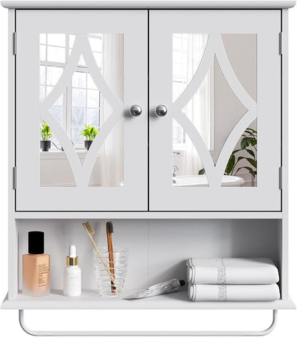 Bathroom Medicine Cabinet with Mirror, Vanity Wall Mounted Storage Cabinet with Adjustable Shelves and Towel Bar, Hanging Wall Cabinet for Bathroom, Laundry, Living Room, White