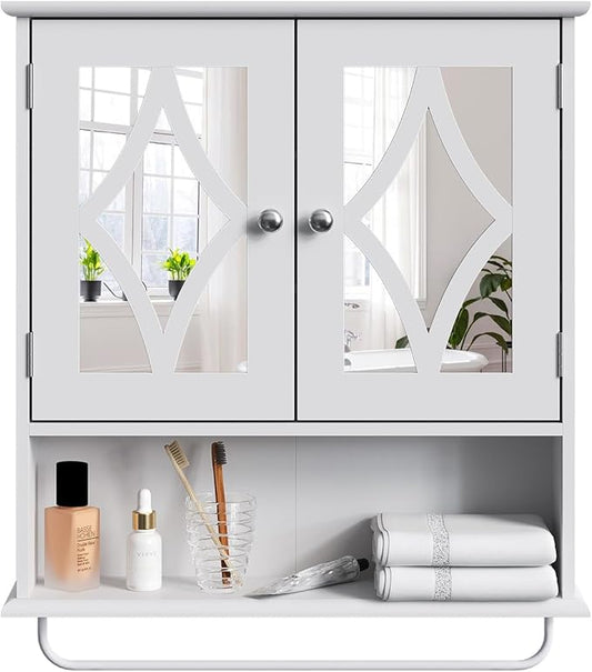 Bathroom Medicine Cabinet with Mirror, Vanity Wall Mounted Storage Cabinet with Adjustable Shelves and Towel Bar, Hanging Wall Cabinet for Bathroom, Laundry, Living Room, White