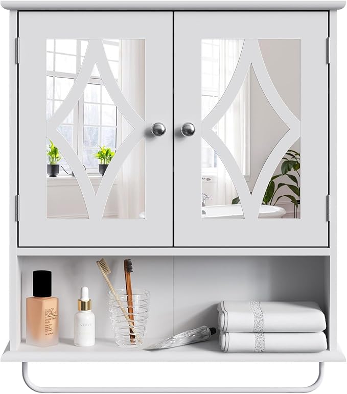 Bathroom Medicine Cabinet with Adjustable Shelves and Towel Bar, Vanity Wall Mounted Storage Cabinet with Mirror, Hanging Wall Cabinet for Bathroom, Laundry, Living Room (White)