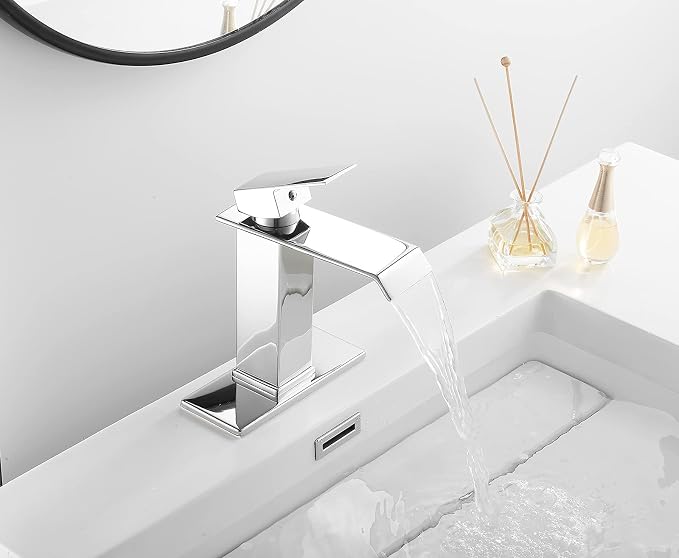 Bathroom Faucet Chrome Waterfall with Pop Up Drain for Sink 1 Hole | Bathroom Sink Faucet Bath Lavatory Vanity Stopper Overflow and Supply Hose Single Handle Square Modern Commercial