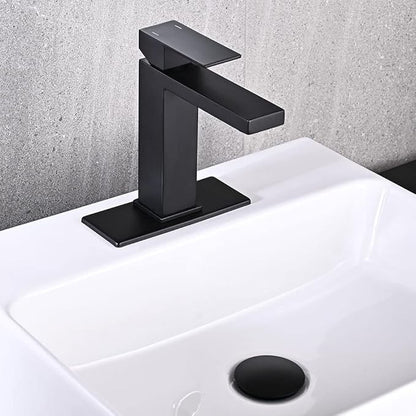Matte Black Bathroom Faucet, Single Hole Vanity Bath Faucet, Single Handle Modern Stainless Steel Bathroom Faucets for Sink 1 Hole with Pop Up Drain Stopper & Water Supply Hoses
