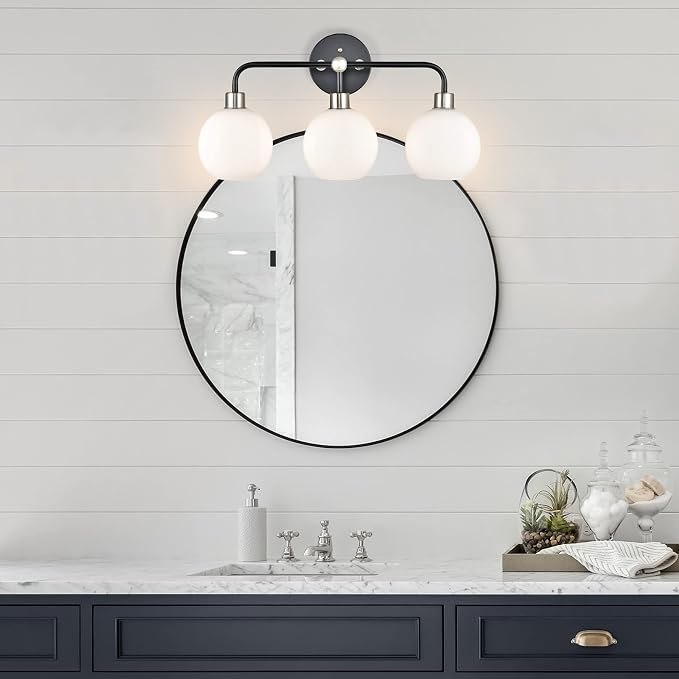 Lukasa Modern Bathroom Vanity Lights Fixtures 3-Lights Over Mirror Lighting Black with Brushed Nickel Vanity Lights for Bathroom Light Fixtures Frosted Glass Covers, UL Listed