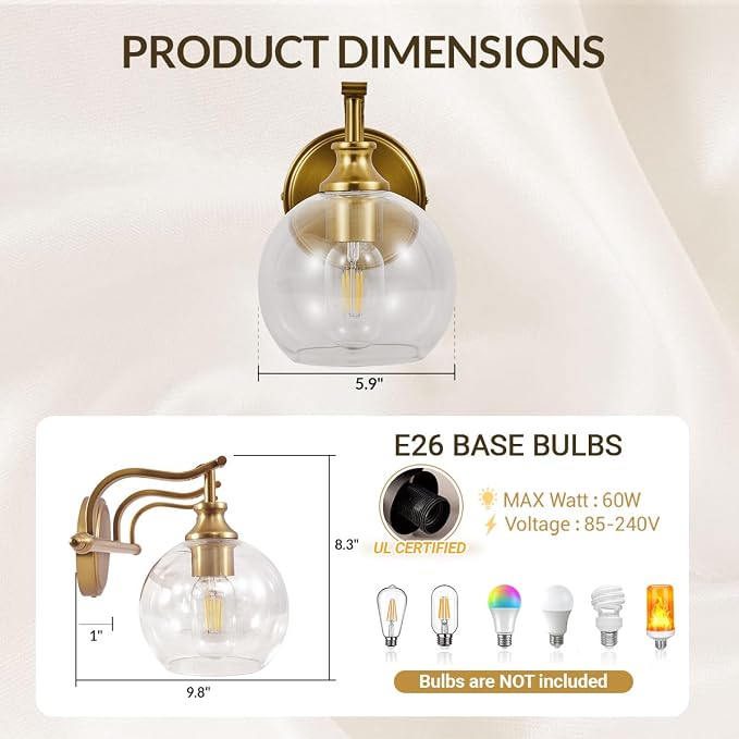 Brushed Gold Bathroom Light Fixtures, Brass Vanity Lights for Mirror, 1-Light Bathroom Wall Sconces Lighting with Globe Clear Shade Up or Down Wall Mounted for Kitchen, Living Room, Hallway