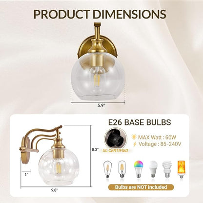 Brushed Gold Bathroom Light Fixtures, Brass Vanity Lights for Mirror, 1-Light Bathroom Wall Sconces Lighting with Globe Clear Shade Up or Down Wall Mounted for Kitchen, Living Room, Hallway