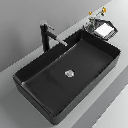 24"x14" Matte Black Bathroom Vessel Sink Rectangle Porcelain Ceramic Above Counter Sink Bowl for Vanity Powder Room Cabinet Lavatory