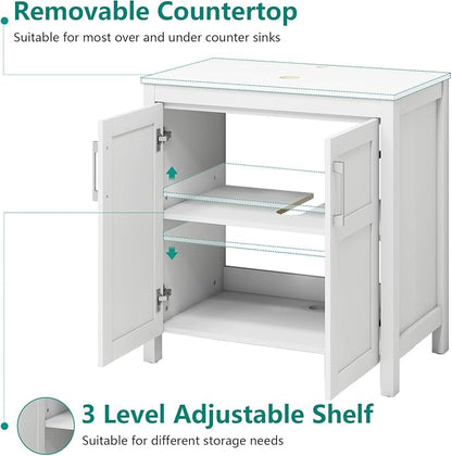 YOURLITE Bathroom Vanity with Sink,30" White Bathroom Vanity Cabinet with White Ceramic Sink Faucet & Pop Up Drain Set