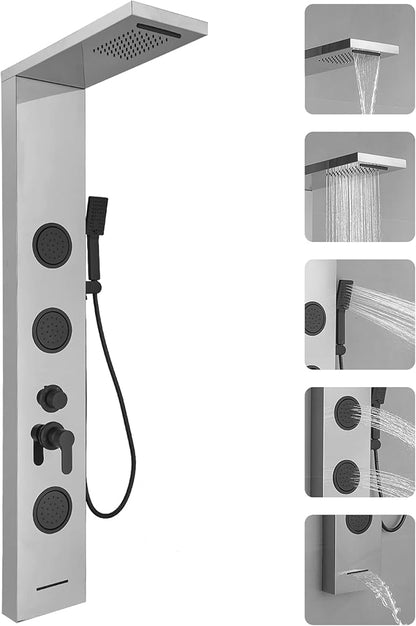 Homevacious 5 In 1 Shower Panel Brushed Nickel Shower Tower System with Rainfall Waterfall Shower Head 3 Body Jets Handheld Shower Head and Tub Spout Modern Massage Shower System