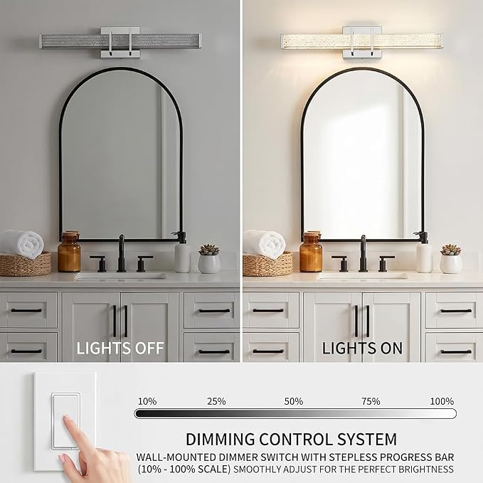 URSOLA 36" Modern LED Bathroom Light Fixtures, Chrome 3CCT Dimmable Bathroom Vanity Light Over Mirror, Bathroom Vanity Bath Bar Lights with Crystal Acrylic Shade