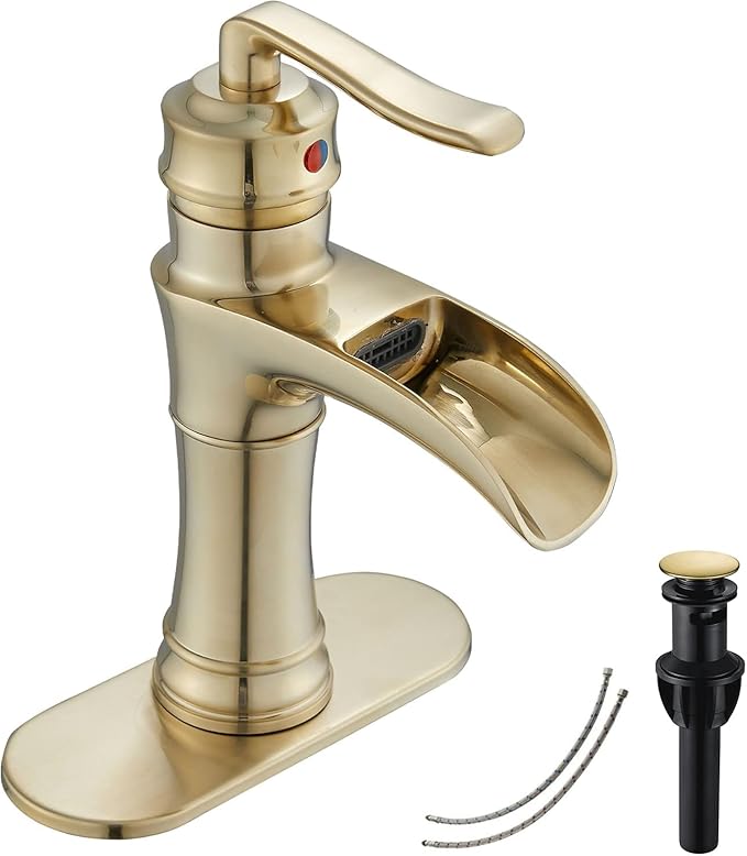 Waterfall Bathroom Faucet Brushed Gold GGStudy Single Handle One Hole Farmhouse Bathroom Vanity Faucet Basin Mixter Tap Deck Mount with Drain Assembly