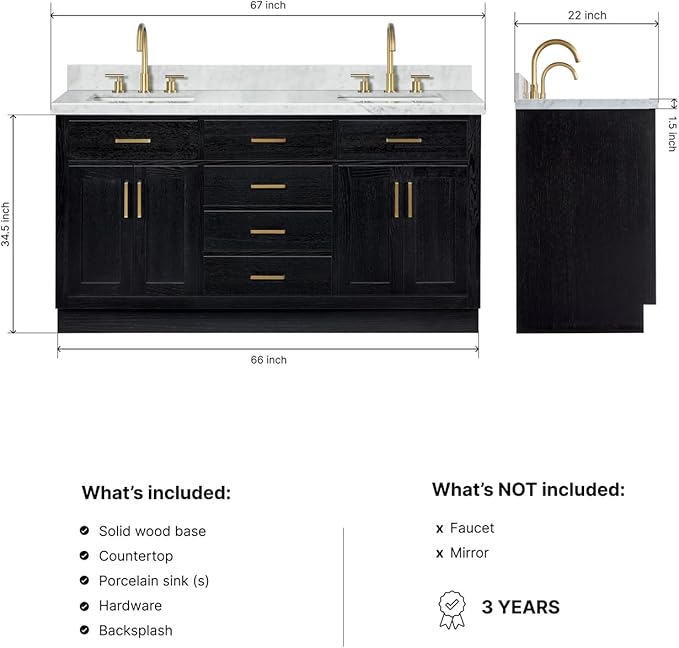 ARIEL Hepburn 66-inch Bathroom Vanity with Sink,Solid Wood, 1.5-inch Italian Carrara Marble Countertop, Double Rectangular Porcelain Sink, 4 Soft Closing Doors, 6 Dovetail Drawers, Black Oak