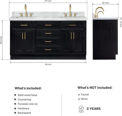 ARIEL Hepburn 66-inch Bathroom Vanity with Sink,Solid Wood, 1.5-inch Italian Carrara Marble Countertop, Double Rectangular Porcelain Sink, 4 Soft Closing Doors, 6 Dovetail Drawers, Black Oak