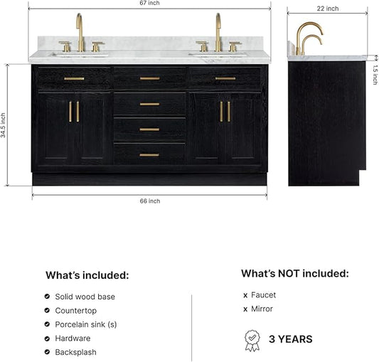 ARIEL Hepburn 66-inch Bathroom Vanity with Sink,Solid Wood, 1.5-inch Italian Carrara Marble Countertop, Double Rectangular Porcelain Sink, 4 Soft Closing Doors, 6 Dovetail Drawers, Black Oak