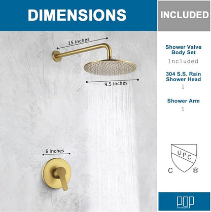 POP SANITARYWARE Shower Faucet Set Brushed Gold 10 Inch Round Rain Shower Head and Handle Set Bathroom Rainfall Shower System Wall Mounted Shower Fixture Single Function Shower Valve Trim Kit