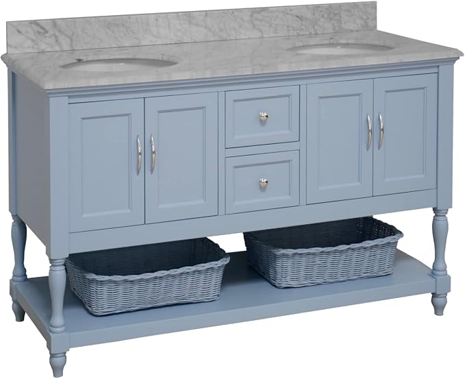 Beverly 60-inch Double Bathroom Vanity (Carrara/Powder Blue): Includes Powder Blue Cabinet with Authentic Italian Carrara Marble Countertop and White Ceramic Sinks