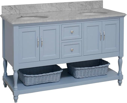 Beverly 60-inch Double Bathroom Vanity (Carrara/Powder Blue): Includes Powder Blue Cabinet with Authentic Italian Carrara Marble Countertop and White Ceramic Sinks