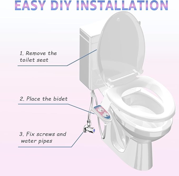 Toilet Bidet Attachment for Toilet, No-Electric Fresh Cold Water with Dual Nozzles Sprayer, 3 Wash Modes (Feminine/Bidet Wash + Self-Cleaning)，Fits Standard Toilet Bowl, Blue Pink