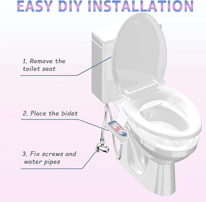 Toilet Bidet Attachment for Toilet, No-Electric Fresh Cold Water with Dual Nozzles Sprayer, 3 Wash Modes (Feminine/Bidet Wash + Self-Cleaning)，Fits Standard Toilet Bowl, Blue Pink