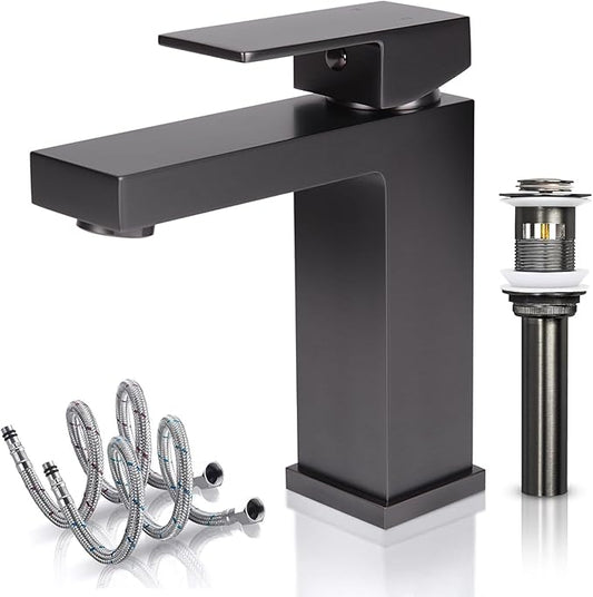 Bathroom Faucet Single Handle Bathroom Faucet More Textured Than Black Brass Single Faucet & Bathroom Sink Drain, Solid Brushed Grey 1 Hole Sink Faucet, cUPC & CEC Certified (Gray)